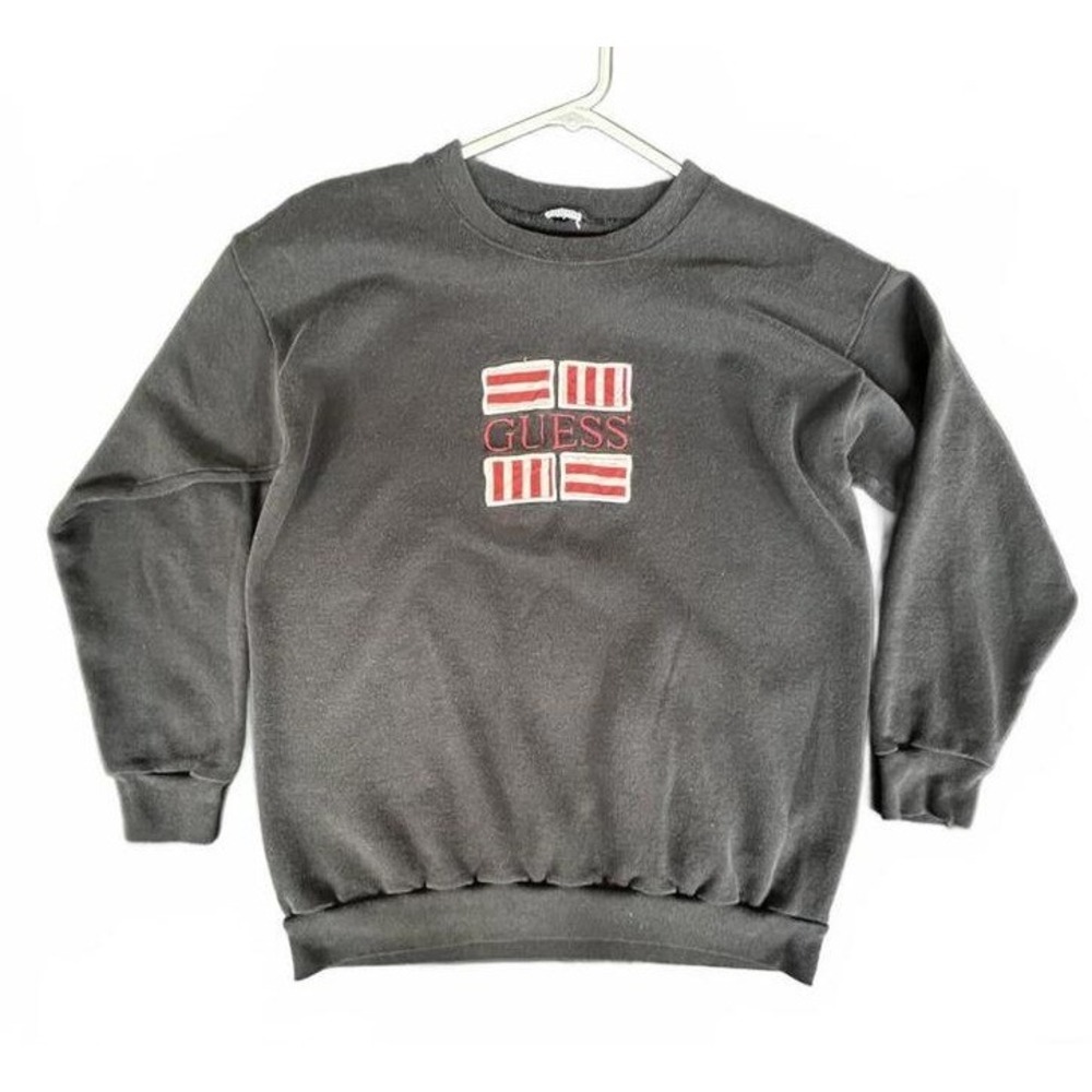Guess Sweatshirt Faded‎ Black Vintage Embroidered Logo Large